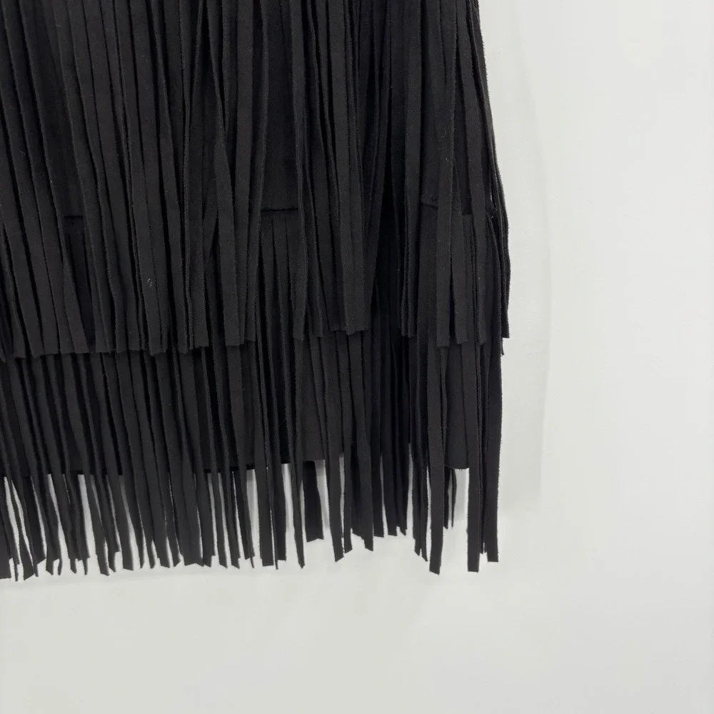 Fringe Faux Suede Mini Skirt Small Black Festival Coachella Western Gasparilla - Picture 4 of 10